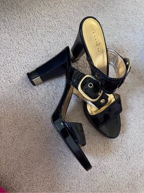 COACH Black Patent Leather Block Heel Sandals with Gold Buckle